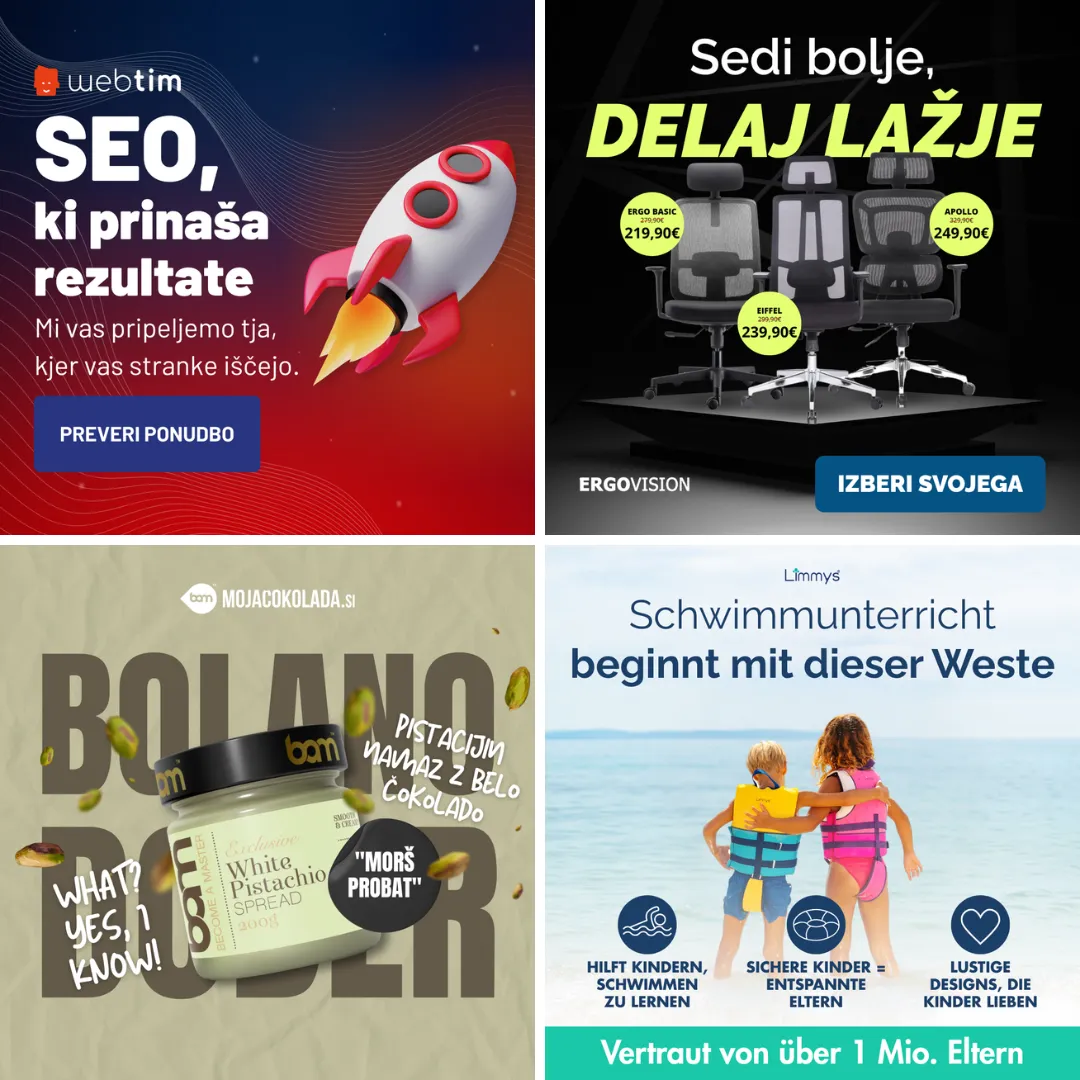 Social media ad creatives: Webtim, Ergovision, BAM